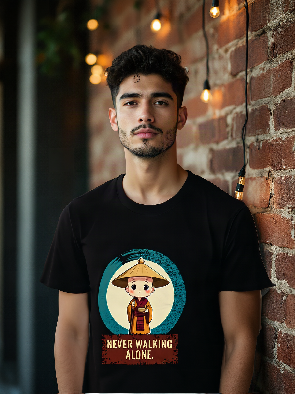 Mockup: AI-generated photo of the design worn by a model. The real shirt is printed to order; colours may vary slightly.