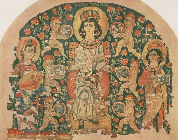 Late antique tapestry showing Hestia enthroned and haloed, labelled in Greek 'Hestia Polyolbos' ('rich in blessings'), surrounded by flowers and figures with medallions.