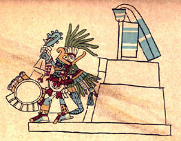 Codex illustration of Huitzilopochtli with weapons and shield standing before a temple pyramid, linking the god to his sanctuary.