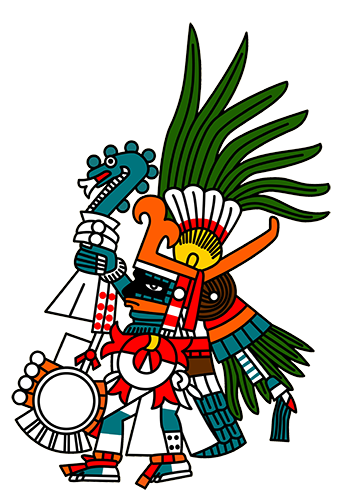 Modern vector rendering of pre-Columbian imagery of Huitzilopochtli with xiuhcoatl serpent staff, round shield, feather crest and turquoise body paint.
