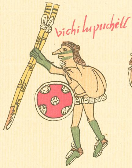 Codex figure labelled 'Huitzilopochtli' as a human leader with spears and feathered shield, showing his portrayal in migration history.