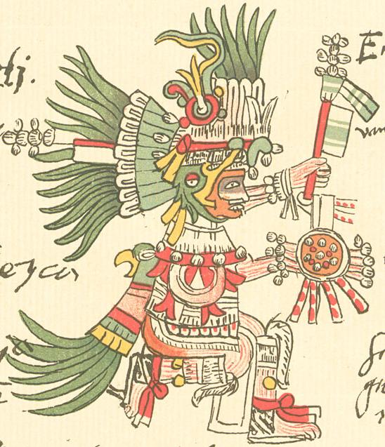 Huitzilopochtli in the Codex Telleriano-Remensis: hummingbird-feather headdress, serpent-headed staff, shield with feather balls, in colonial-era manuscript style.