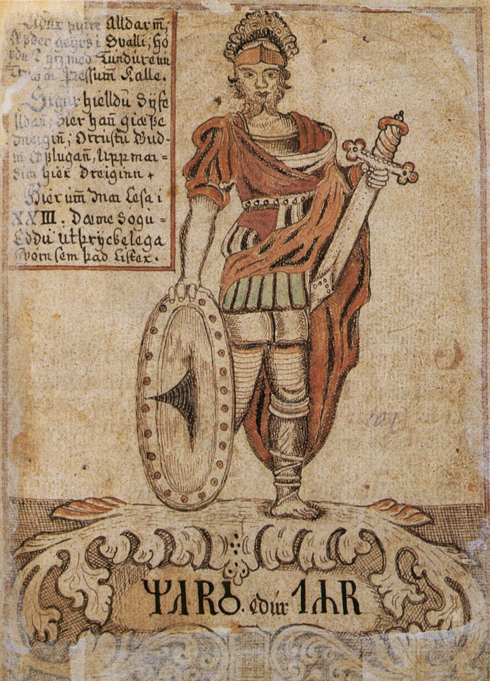 Icelandic manuscript miniature (IB 299 4to) shows Tyr as a armed warrior with sword and shield, labelled in runes.
