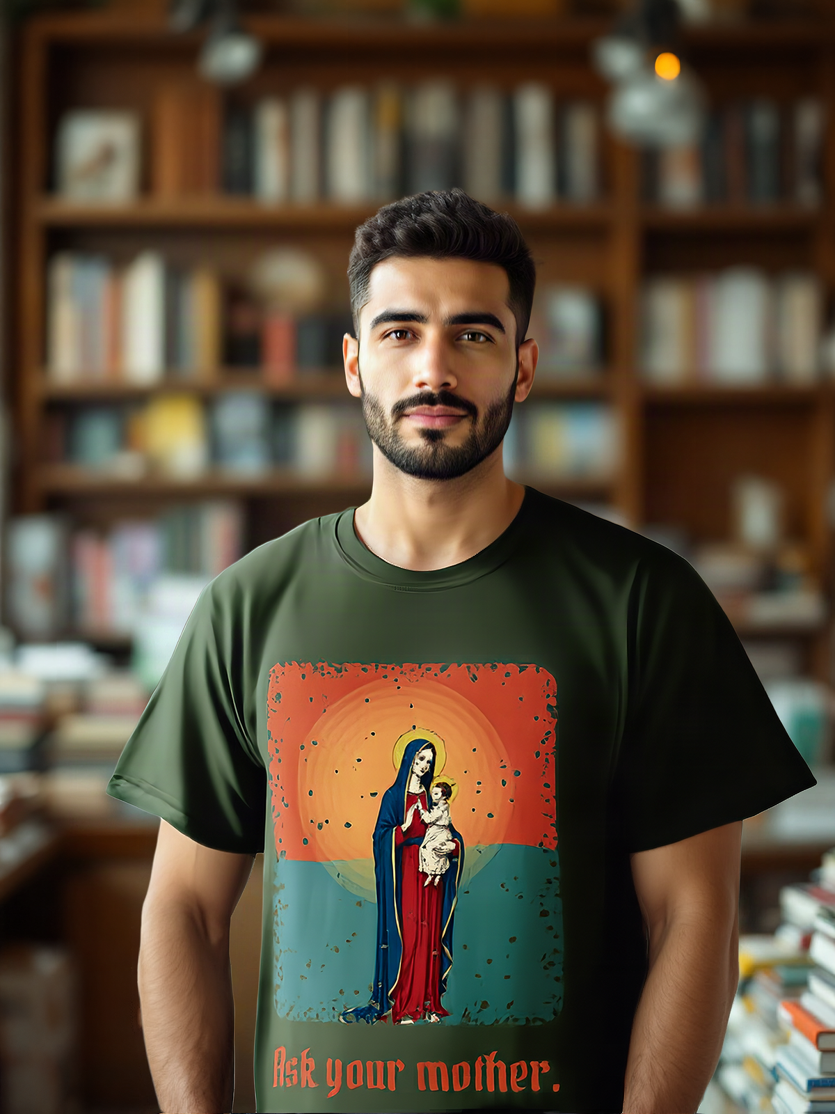 Mockup: AI-generated photo of the design worn by a model. The real shirt is printed to order; colours may vary slightly.