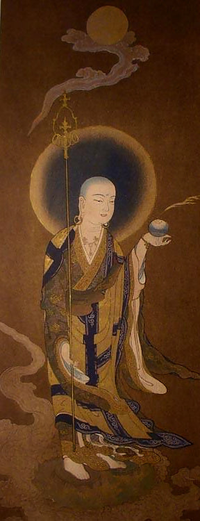 Hanging scroll painting of Jizō as a haloed shaven-headed monk with ringed staff and wish-granting jewel.