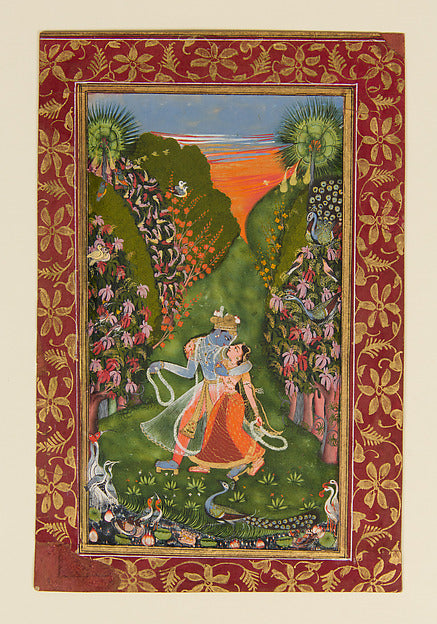 Radha and Krishna walking together in a flowering grove, Kota, Rajasthan, c. 1720, showing the divine couple in a Braj-style setting.