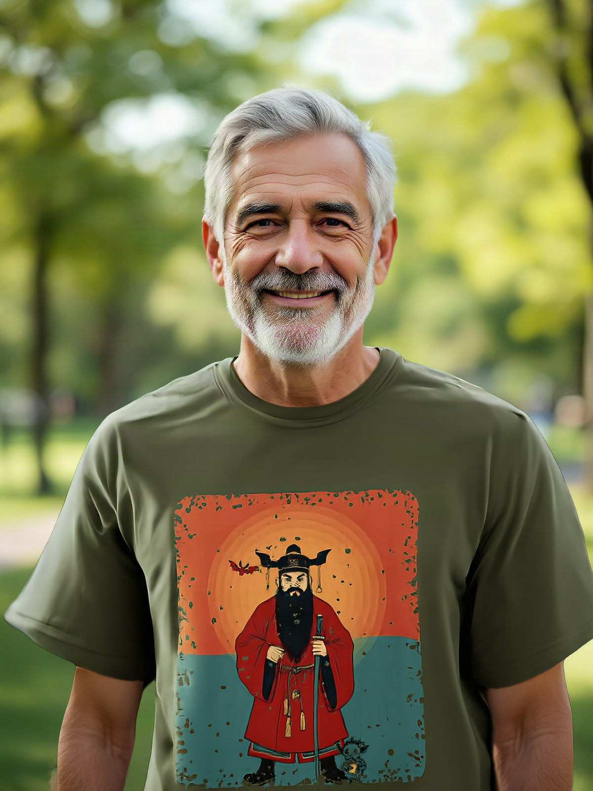 Mockup: AI-generated photo of the design worn by a model. The real shirt is printed to order; colours may vary slightly.