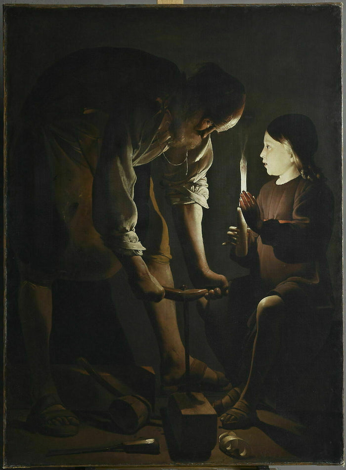 Georges de La Tour's Saint Joseph charpentier (c. 1642): Joseph the carpenter drilling by candlelight while the boy Jesus holds the candle.