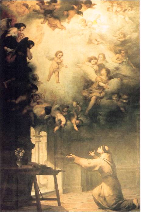 Murillo's 1656 Vision of Saint Anthony of Padua: the kneeling friar sees the Christ Child descend among angels.