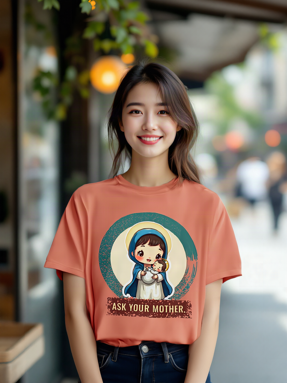 Mockup: AI-generated photo of the design worn by a model. The real shirt is printed to order; colours may vary slightly.