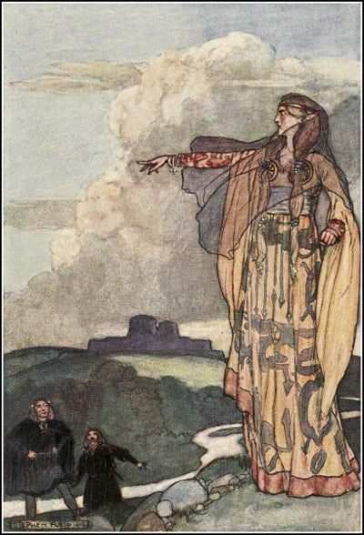 Macha, 1904 illustration: a tall cloaked woman gestures over a hillside. Macha is often counted among the Morrígan's triad of war goddesses.