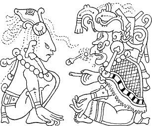 1932 line drawing of the Maize God and Itzamná facing each other, showing the god's aged features and companions.