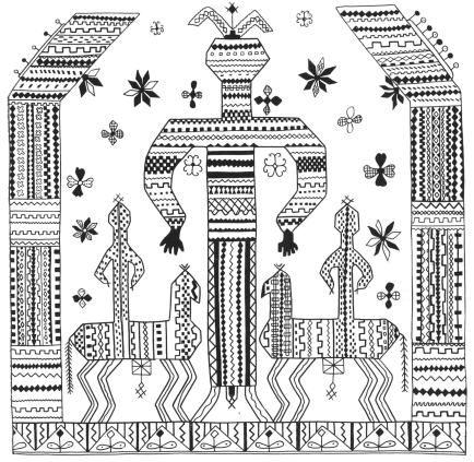 Line drawing titled Makosh, after a 19th-century embroidery motif. A central female figure with raised arms is flanked by horses, a reading often tied to her.