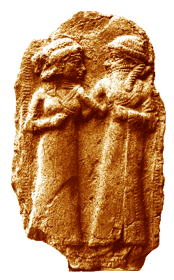 Plaque titled the marriage of Inanna and Dumuzi, showing the two facing each other, the sacred marriage theme.