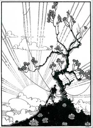 Maui Snaring the Sun, pen and ink, c. 1927: Māui lassoes the sun from a tree, a Hawaiian version of the tale.