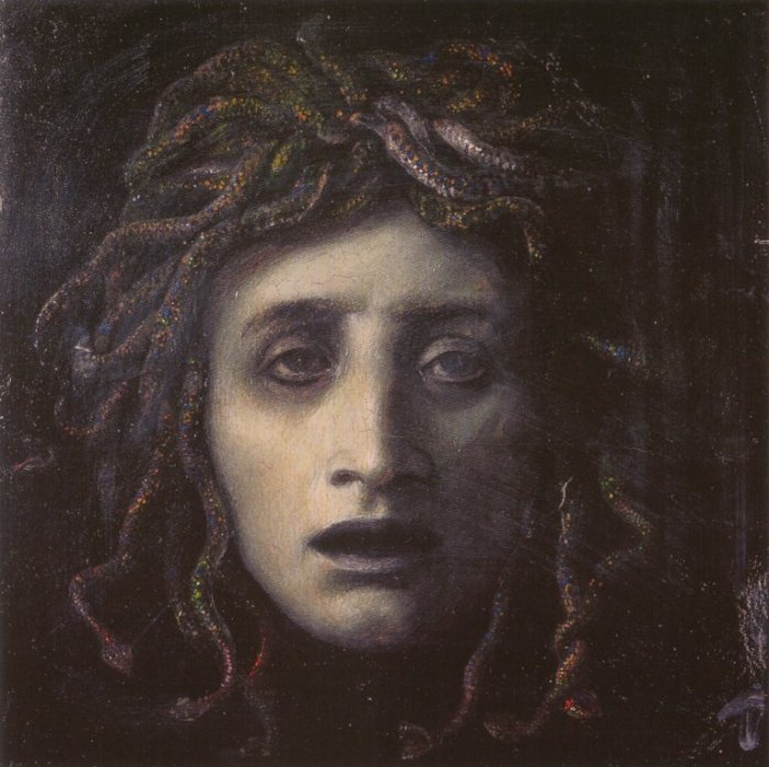 Medusa, circa 1878, a Symbolist-era painting of her haunted face crowned with snakes.
