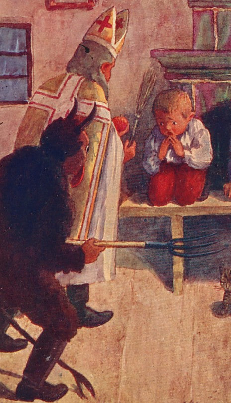 Early 1900s postcard-style illustration: Krampus with pitchfork menaces a kneeling child beside Saint Nicholas, who holds an apple and birch rod.