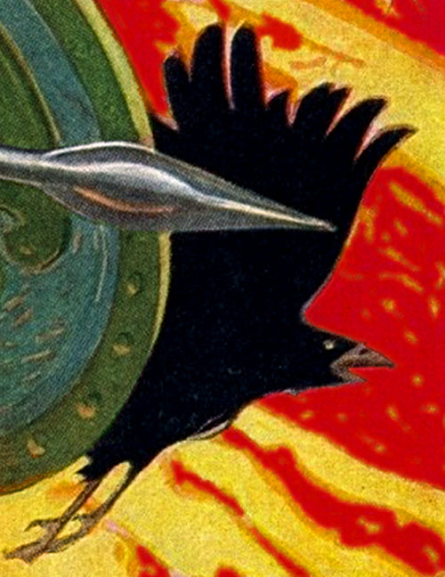 Morrigan, 1911: a black crow in flight before a shield and spearhead, showing her link to ravens and battle.