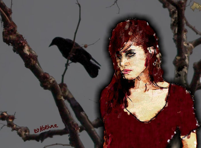 Digital artwork 'Morrigan' by Koehne, uploaded 2006: a red-haired woman beside a crow perched in bare branches, evoking the goddess's raven symbolism.