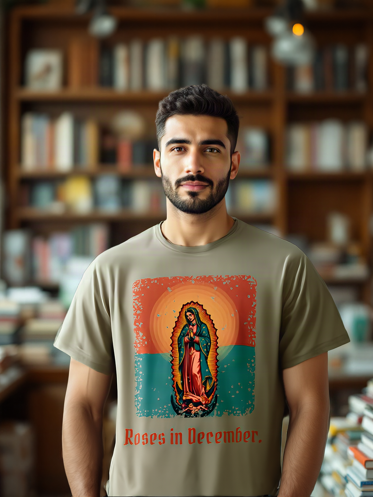 Mockup: AI-generated photo of the design worn by a model. The real shirt is printed to order; colours may vary slightly.