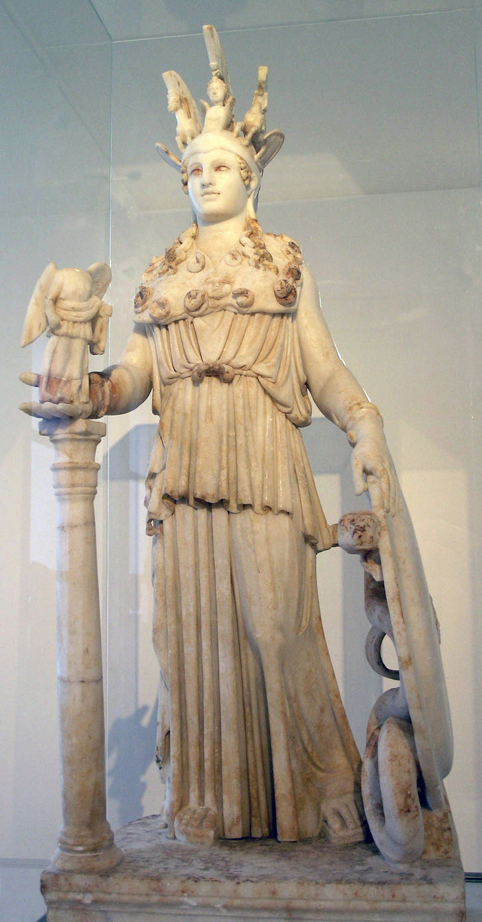 Varvakeion Athena, a Roman marble copy of Phidias's Athena Parthenos, with helmet, aegis, shield, serpent and Nike.