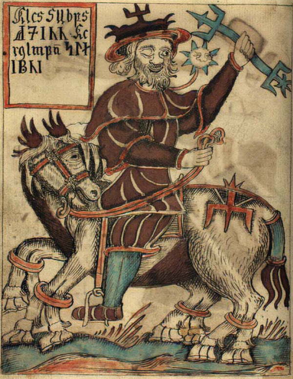 Odin riding his eight-legged horse Sleipnir, from an Icelandic manuscript of 1760 (NKS 1867 4to).