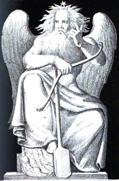 Njörðr in an 1832 print from a German book of Nordic myths, shown winged and bearded with a spade.