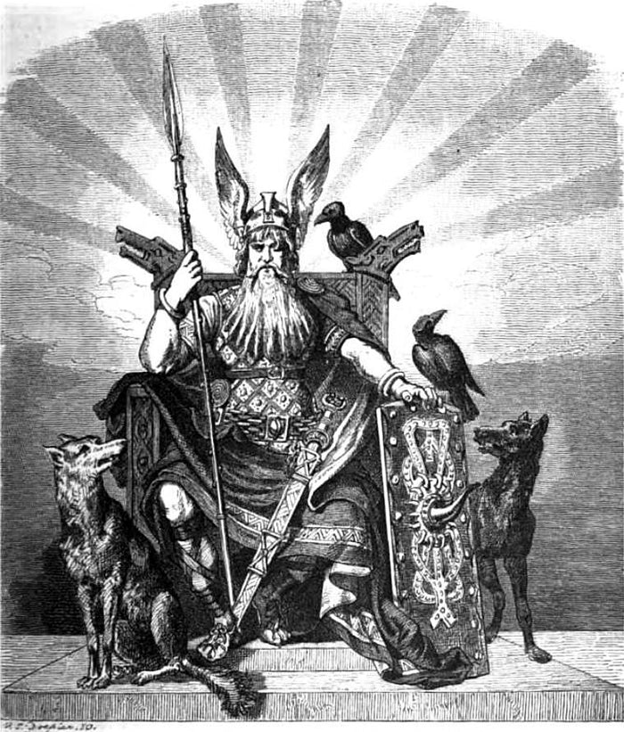 Odin enthroned in a winged helmet, with spear, two ravens and two wolves; published 1882.