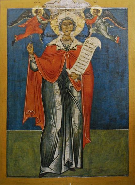 17th-century Paraskeva icon from the Cherepovets museum. East Slavic folk Christianity kept some of Mokosh's traits in Paraskeva-Pyatnitsa, though scholars dispute the link.