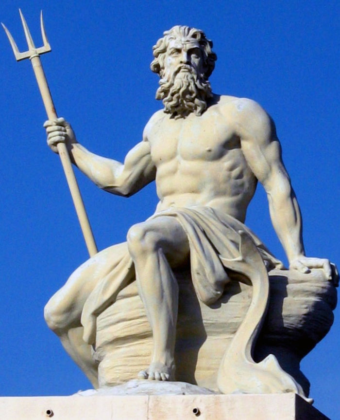 Seated Poseidon in Copenhagen holding his trident, the god's chief attribute, on a rocky seat.