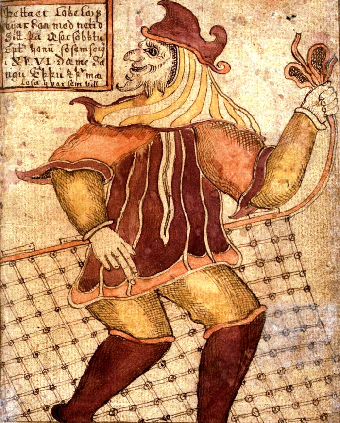 Icelandic manuscript illustration of Loki as a grinning figure holding a fishing net, an attribute from his Prose Edda tales.