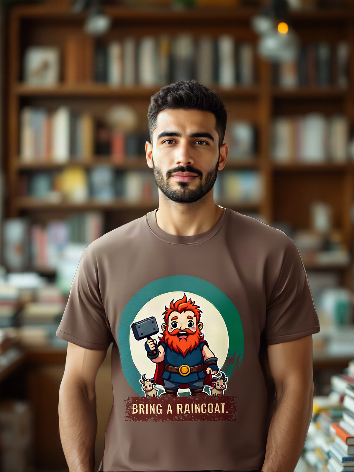 Mockup: AI-generated photo of the design worn by a model. The real shirt is printed to order; colours may vary slightly.