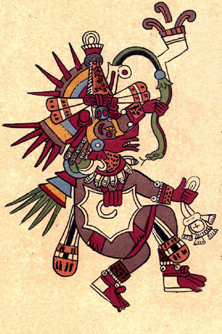 Quetzalcoatl in a 16th-century codex-style painting, with wind-god regalia, serpent staff and shell ornaments.