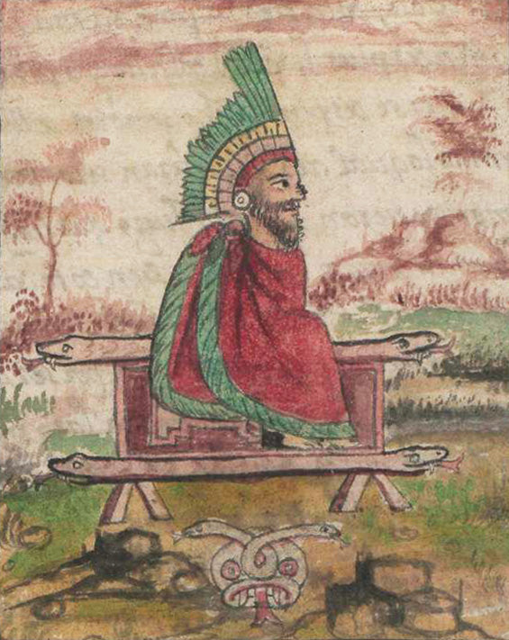 Quetzalcoatl on his raft of serpents, 1579, illustrating the legend of his departure across the sea.