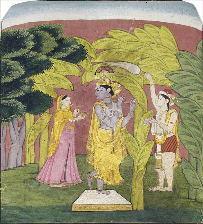 Pahari-style miniature painting of Krishna playing the flute, flanked by a woman and an attendant in a banana grove.