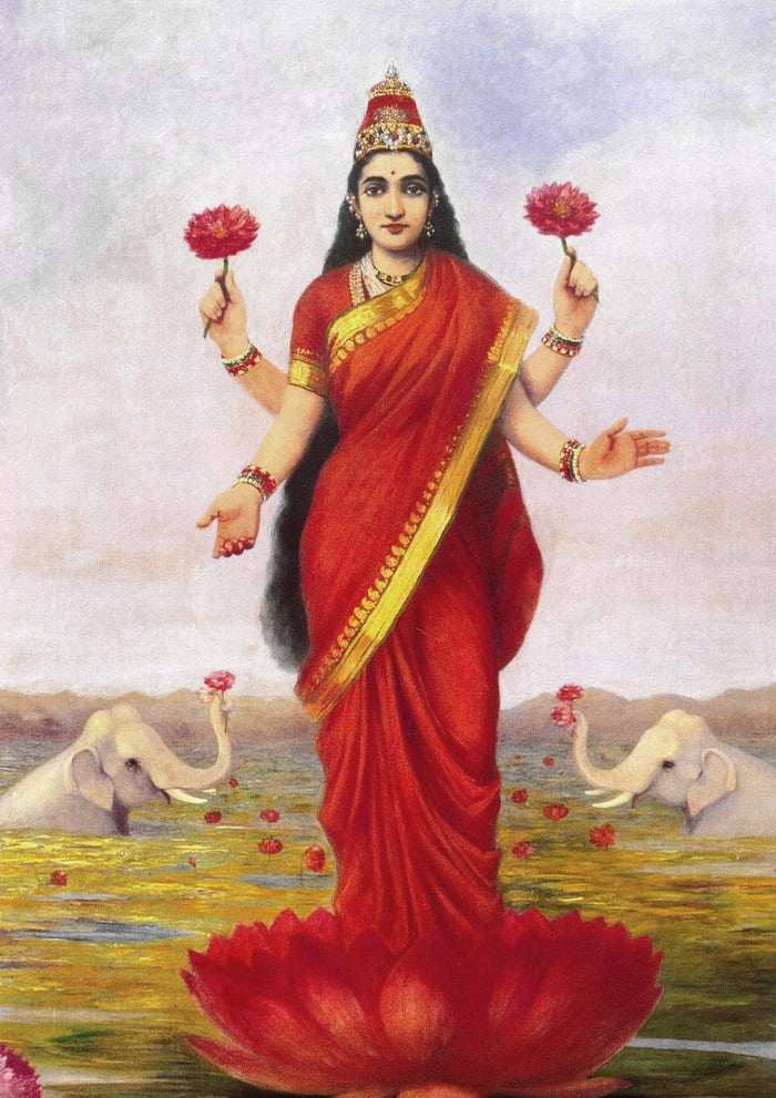 Raja Ravi Varma's 1896 oil painting: four-armed Lakshmi in a red sari on a lotus, flanked by elephants.