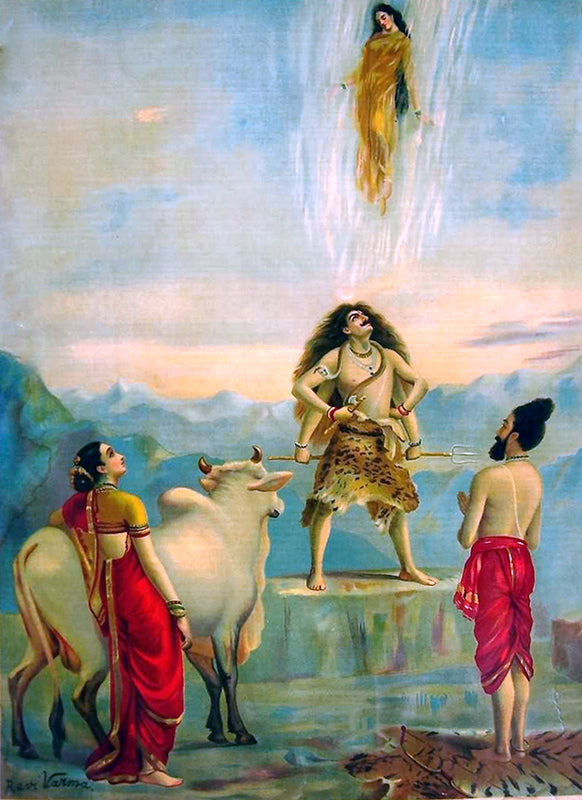 Ravi Varma's Descent of Ganga, circa 1910: Shiva catches the falling river in his matted locks, trident in hand.