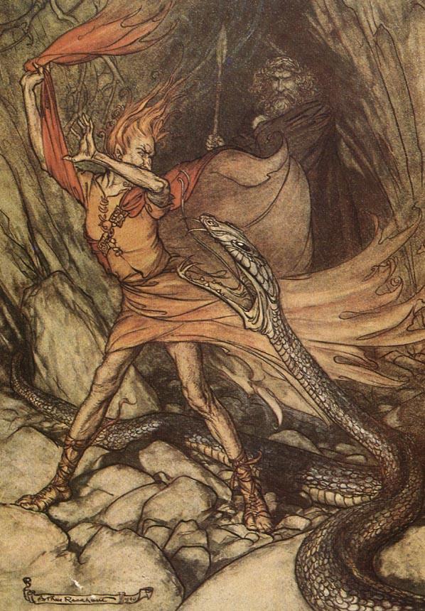 Arthur Rackham's 1910 Das Rheingold illustration: Loge, Wagner's version of Loki, beside Alberich as a snake.