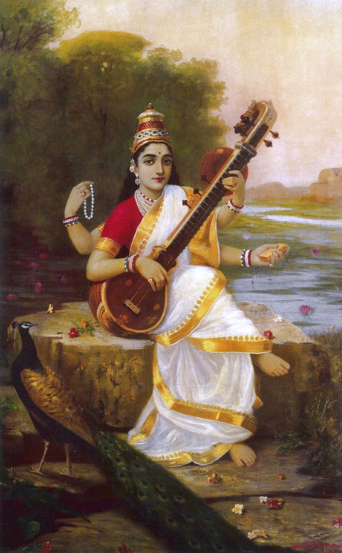 Oil painting from 1896 shows Saraswati seated with veena, prayer beads, book and peacock beside a lotus pond.