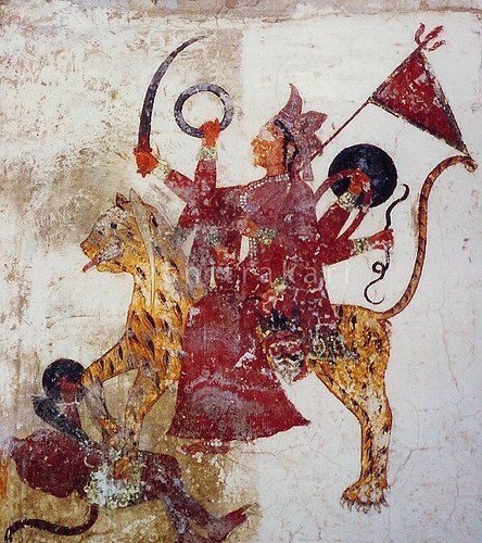Sikh mural of Durga riding a tiger and bearing weapons, from a gurdwara, 18th or 19th century.