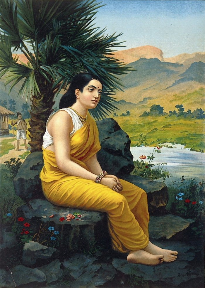 Ravi Varma–style early 20th-century print of Sita seated in exile in a yellow sari, in a forest landscape.