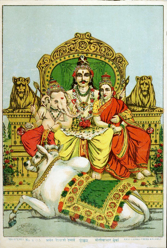 Ravi Varma print of Shiva enthroned with Parvati, Ganesha and the bull Nandi, showing his family and companions.