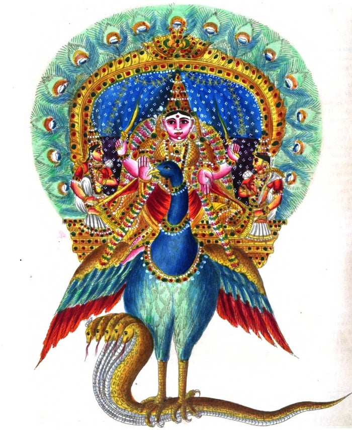 1842 painting of Skanda Kartikeya on his peacock, flanked by two consorts beneath a peacock-feather halo.