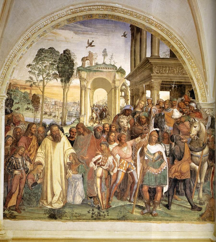 Benedict, in white habit, receives the young Maurus and Placidus, from the early 16th-century Monte Oliveto Maggiore cycle.