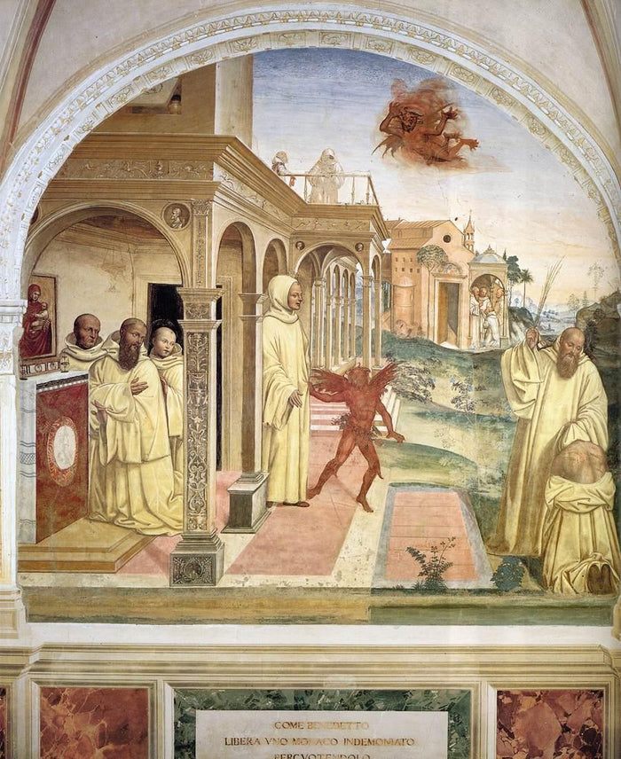 Benedict frees a possessed monk by striking him with a rod and driving out a devil, from the Monte Oliveto Maggiore cycle.