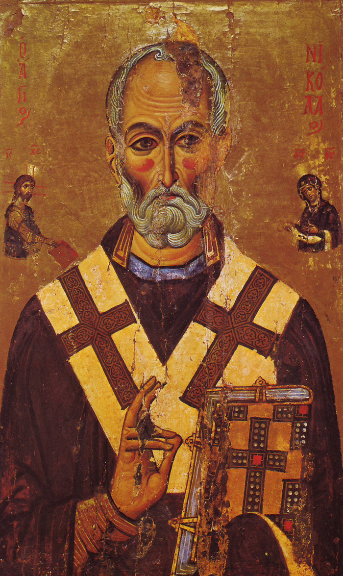 13th-century icon from Sinai: Nicholas as a bishop with Gospel book and blessing hand, flanked by Christ and the Virgin.
