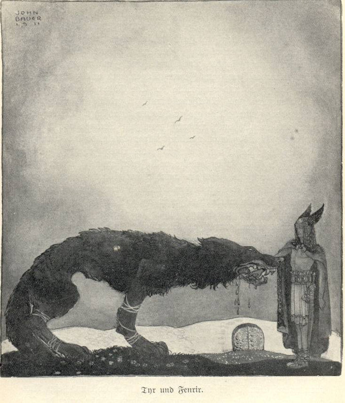 John Bauer's 1911 illustration shows Tyr beside the bound wolf Fenrir, whose jaws hold his hand, the myth that defines him.