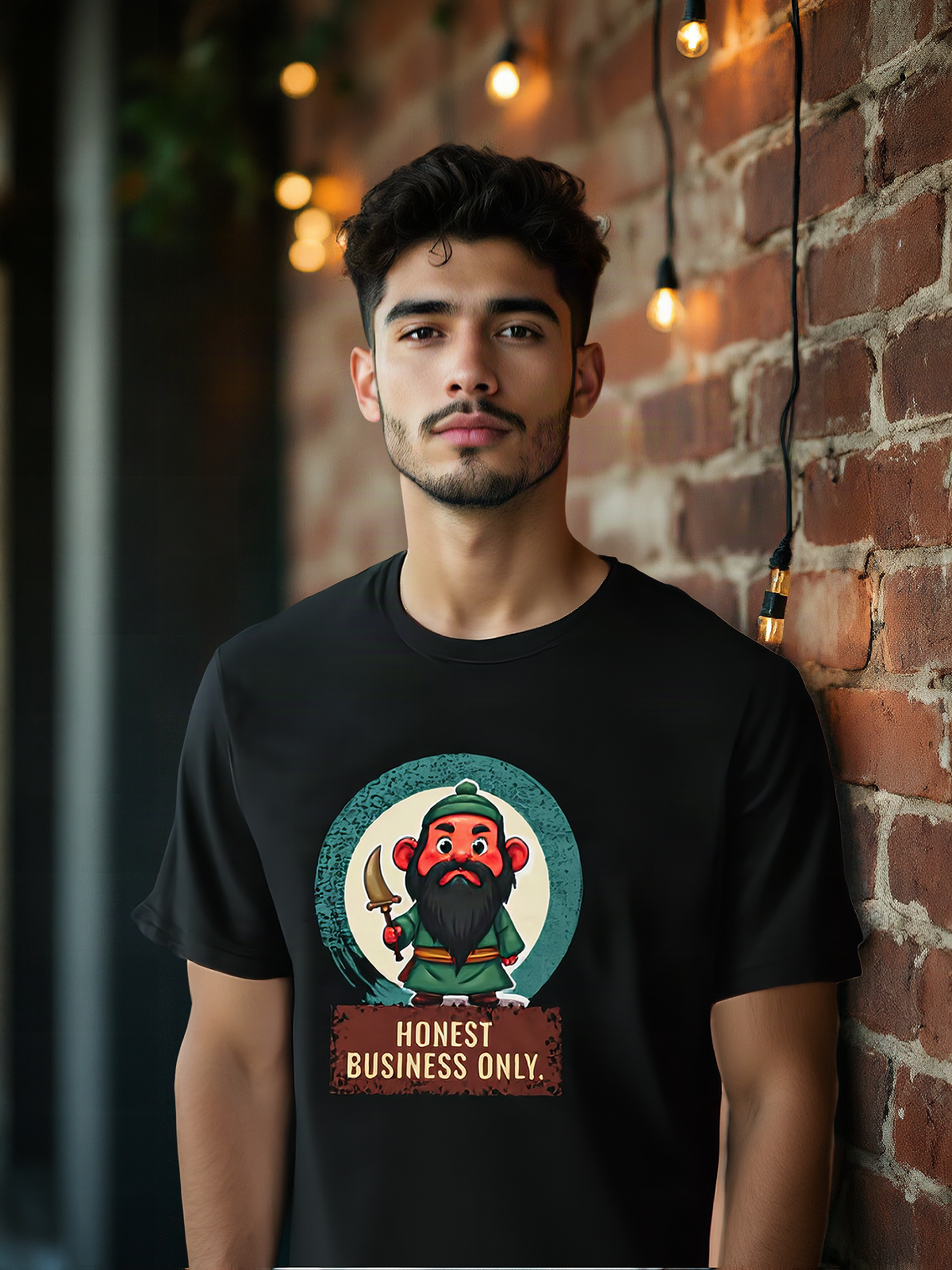 Mockup: AI-generated photo of the design worn by a model. The real shirt is printed to order; colours may vary slightly.