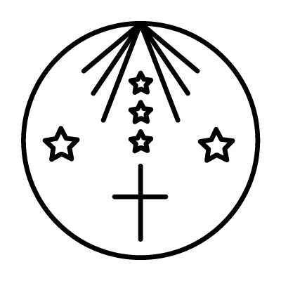 Veve of Obatala, 2025: line drawing of a circle with rays, stars and a cross, used as his symbol.