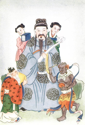1922 color illustration of Wên Ch'ang with attendants: a boy holding a book, K'uei Hsing, and Chu I.
